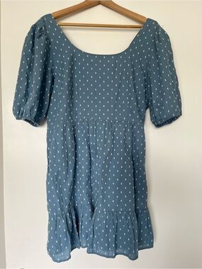 LOFT Light Blue Dot Tiered Puff-Sleeve Dress